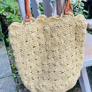 Vintage Noa Noa crochet raffia shoulder bag with up-cycled leather handles