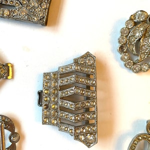 Vintage art deco geometric belt buckle with paste gems and white metal - one half only