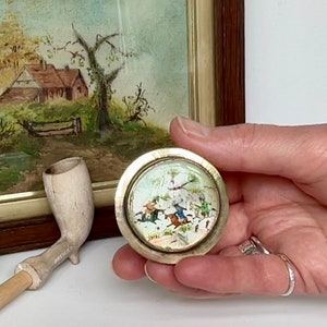 Antique silver-plated snuff/pill box with Levantine decoration, mother of pearl lid painted with people on horseback
