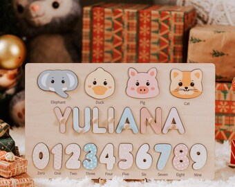 Animal baby puzzle with number, custom kids name puzzle, puzzle with pegs, baby birth gifts, 1st birthday name puzzle, first christmas gift