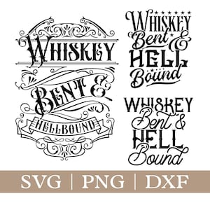 May include: Black and white graphic design with the text "Whiskey Bent & Hell Bound" in a vintage style font. The design is perfect for a t-shirt, mug, or other merchandise.