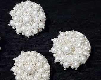 Glamourous pearl and crystal bead buttons set in white plastic with shank, set of 11, can break set,  1 3/8" diameter