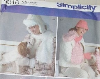 Simplicity pattern 4316 miss hat, scarf, mittens size S, M, L and dog apparel out-of-print uncut factory folded