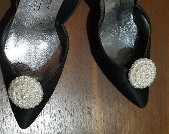 Glamourous pearl and crystal bead button shoe clips, one pair,   1 1/2" diameter