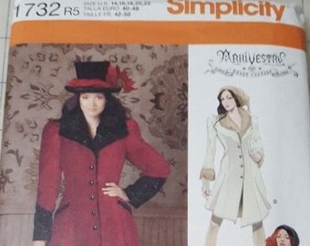 Simplicity pattern 1732 misses steampunk coats size 14 - 22 out-of-print uncut factory folded