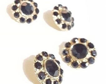 Black faceted rhinestone glamour buttons set in gold metal with shank, set of 6, 11/16" diameter