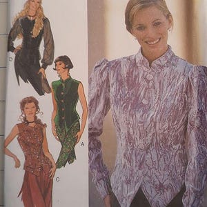 May include: A sewing pattern titled "STYLE" featuring illustrations of women's blouses and tops. The pattern includes a close-up of a woman wearing a light purple blouse with a high collar and button details. Other designs include a black top and a green vest.