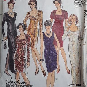 May include: A vintage McCall's sewing pattern envelope featuring illustrations of various women's dresses. The dresses are in different colors and styles, including a black gown, a gold patterned dress, and a purple cocktail dress. The text "Fashion Basics" is visible.