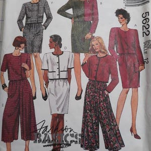 May include: A McCall's 5622 sewing pattern envelope for size 12, featuring illustrations of five different outfits including jackets, skirts, and culottes in various colors and patterns like houndstooth, floral, and solid tones with buttons.