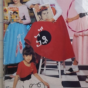 May include: Butterick 4286 sewing pattern featuring 1950s-style skirts and outfits. The cover shows illustrations of women and a child in poodle skirts, holding records and books. The pattern includes the text "Butterick" and "Hancock Fabrics".