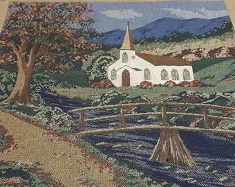 Country church scene tapestry panel for making pillow, wall hanging framed art