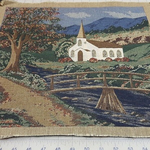 Country church scene tapestry panel for making pillow, wall hanging framed art