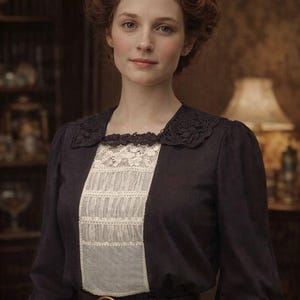 May include: A woman in a dark navy dress with a white lace panel down the front. The dress has a dark lace collar and a brown belt with a gold buckle. The woman has auburn hair and is looking at the camera.