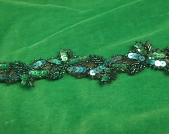 Turquoise-teal iridescent beaded and sequined vintage trim yardage 1.75" wide