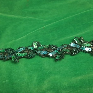 Turquoise-teal iridescent beaded and sequined vintage trim yardage 1.75&quot; wide 1 yard in length