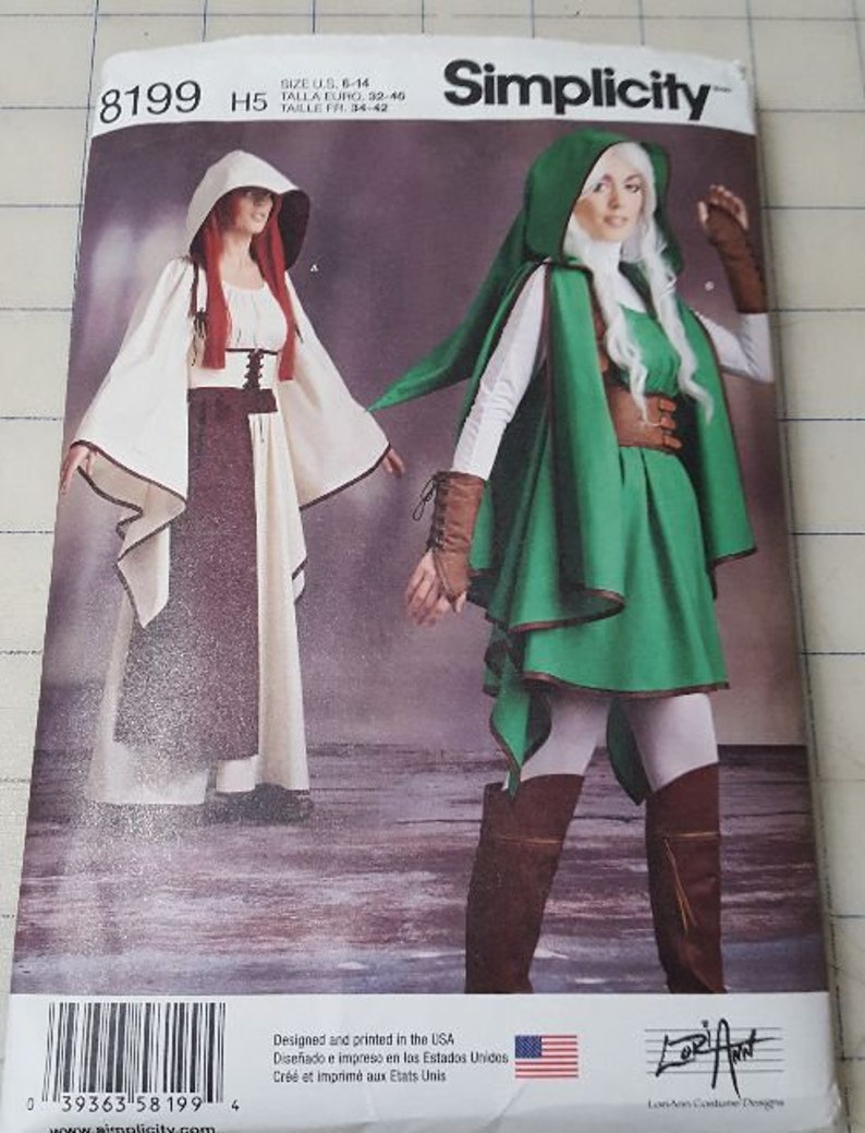 Simplicity pattern 8199 misses fantasy ranger Link costumes sizes 6-14 and 14 22 out-of-print uncut factory folded image 2