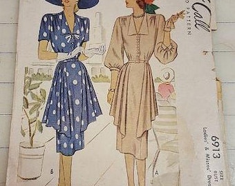 McCalls vintage 1947 pattern 6913 women's draped skirt day dress size 14 RARE out-of-print all pieces and instructions here