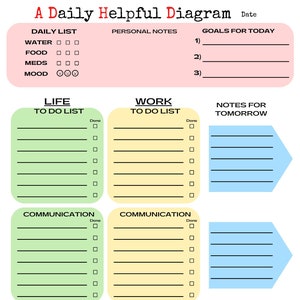 May include: A printable daily planner with sections for a daily list, life to do list, work to do list, communication, important times, and notes for tomorrow. The planner is in green, yellow, and blue.