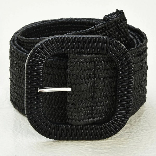 Black straw square buckle belt