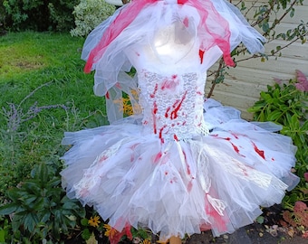 Zombie Bride Halloween Tutu Dress and matching Veil Headpiece - Halloween Costume, Party Dress