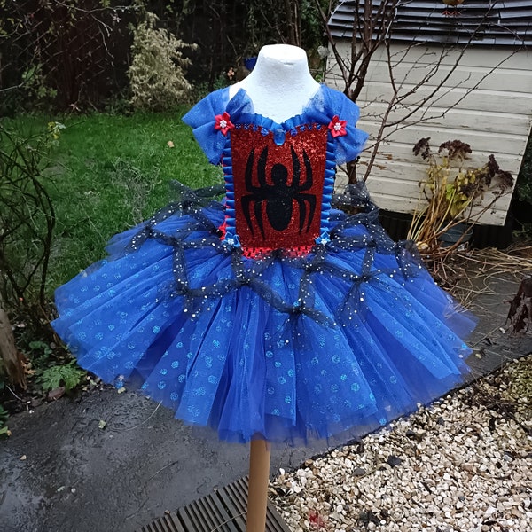 Deluxe Spidey Inspired Knee Length Tutu Dress - Costume Dressing Up Party Birthday Christmas Present Halloween