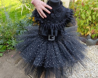 Wednesday Addams Inspired Knee Length Tutu Dress with Thing Hand accessory - Halloween Costume, Party Dress Dressing Up Party