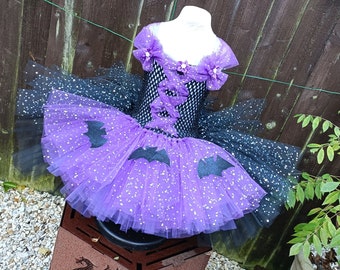 Robe Tutu haute/basse chauve-souris violette et noire - Costume d'Halloween, robe de soirée, déguisement Trick or Treat Outfit Cosplay