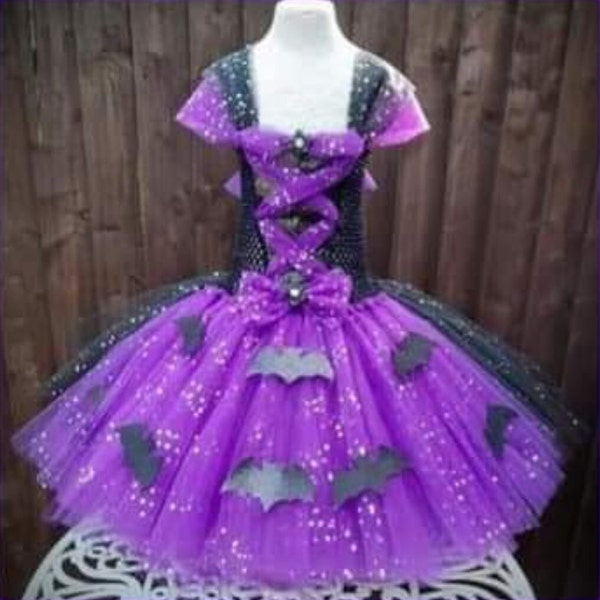 Purple and Black Bat Knee Length Tutu Dress - Halloween Costume, Party Dress, Dressing Up Trick or Treat Outfit Cosplay