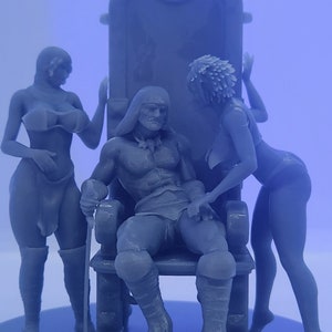 May include: A 3D printed figurine set depicting a man sitting on a throne with two women standing on either side of him. The man is wearing a robe and has a beard. The women are wearing revealing clothing. The figurine is painted in a blue color.