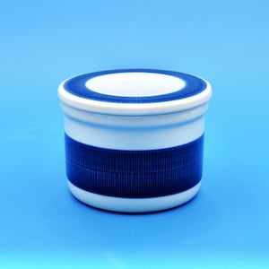 Puede incluir: Un tarro de cerámica blanco con tapa, con una banda azul alrededor del centro y un anillo azul en la tapa. El tarro tiene forma cilíndrica y se apoya sobre una superficie azul. El diseño es sencillo y moderno.