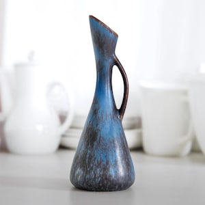 RORSTRAND RARE Gunnar Nylund AUD Large Handled Vase — 24 cm Hänkelvas — Mottled Blue & Purple Hare's Fur Finish — First Quality