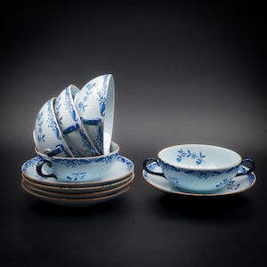 Rörstrand Ostindia VDN Two-Handled Bouillon Bowls with Saucers — Nils Emil Lundström — SOLD INDIVIDUALLY