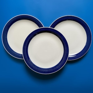 Puede incluir: Tres platos de cerámica blanca con un borde azul marino texturizado. Los platos están dispuestos sobre un fondo azul liso. Los platos tienen un diseño sencillo y elegante.