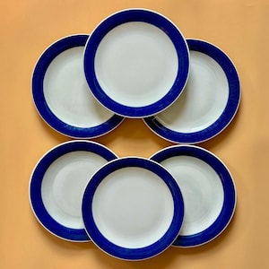Puede incluir: Seis platos de cerámica blancos con un borde azul vibrante. Los platos están dispuestos en un patrón circular sobre un fondo naranja claro. Los platos tienen un diseño simple pero elegante.