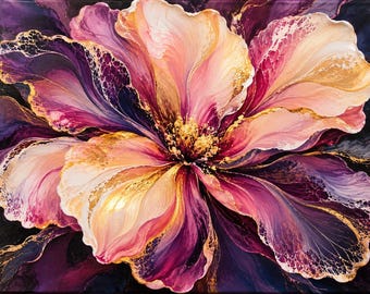 May include: An abstract acrylic pour painting on canvas featuring a large, central flower with layered petals in shades of deep purple, magenta, soft peach, and cream. The composition includes intricate gold metallic veining and cell-like patterns.