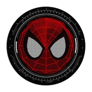 May include: A black and red round mousepad with a stylized image of Spider-Man's mask in the center. The mask is outlined in red and has a black web pattern.