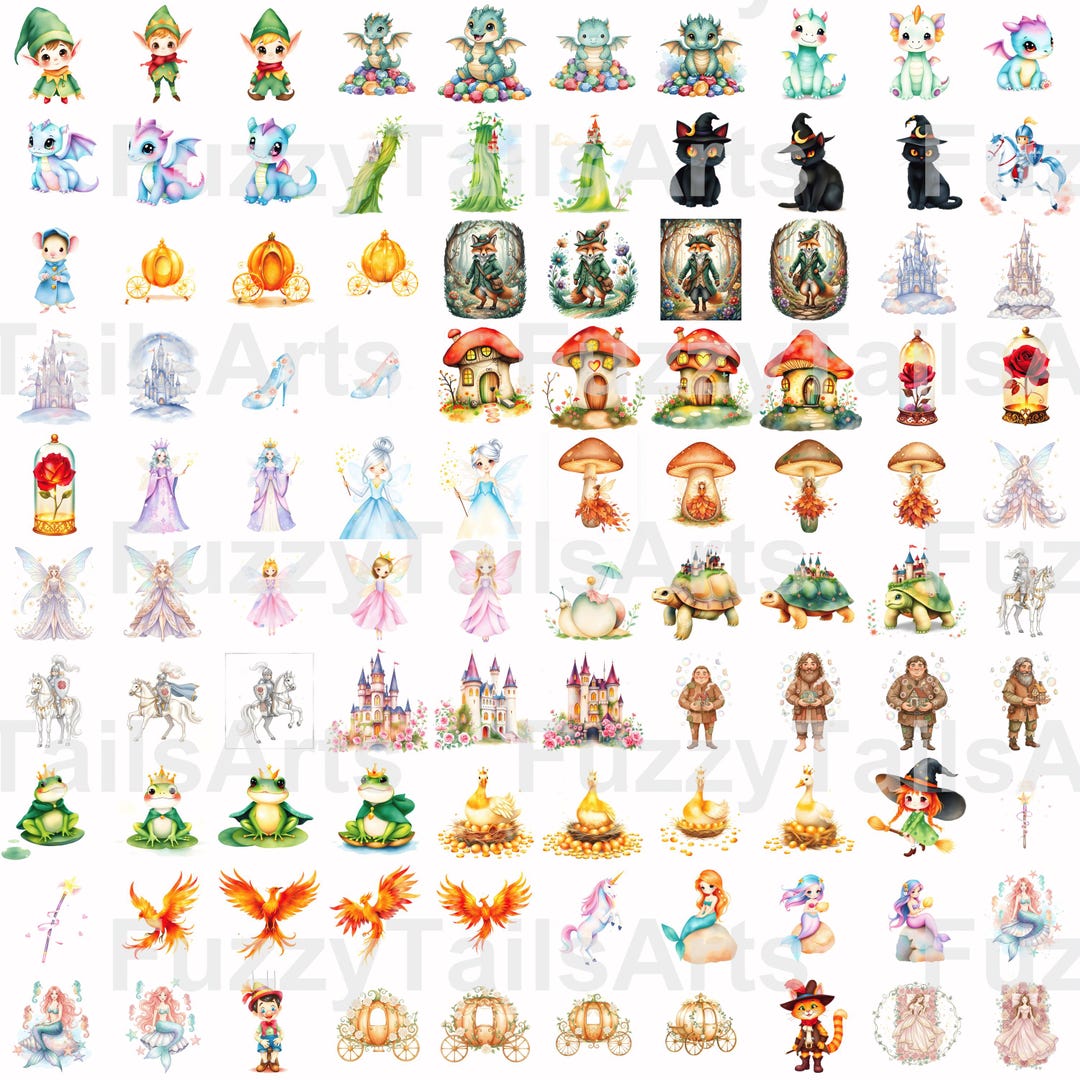 132 Watercolor Fairy Tale Clipart Bundle – Whimsical Fantasy Characters ...