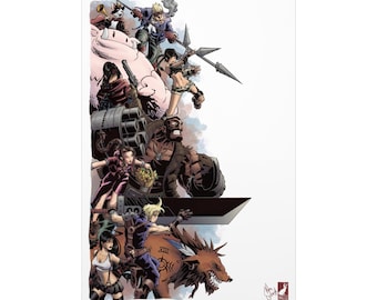 Puede incluir: Una ilustración colorida de personajes del videojuego Final Fantasy VII. Los personajes están de pie sobre una gran criatura mecánica con una espada en primer plano. La ilustración está sobre un fondo blanco.