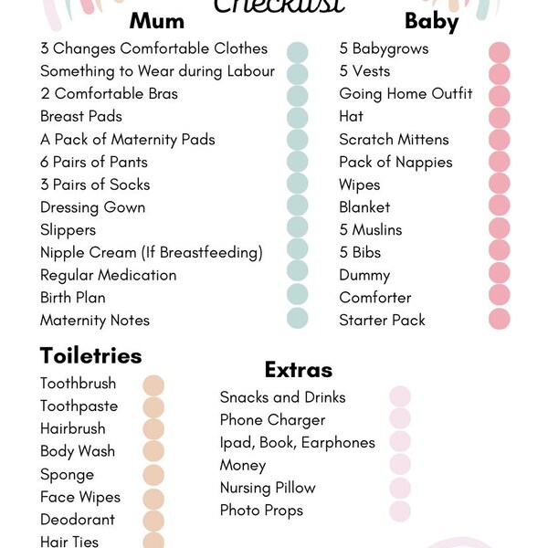 Hospital Bag Checklist, Labour Checklist, Mum and Baby Checklist, Instant Download, Printable