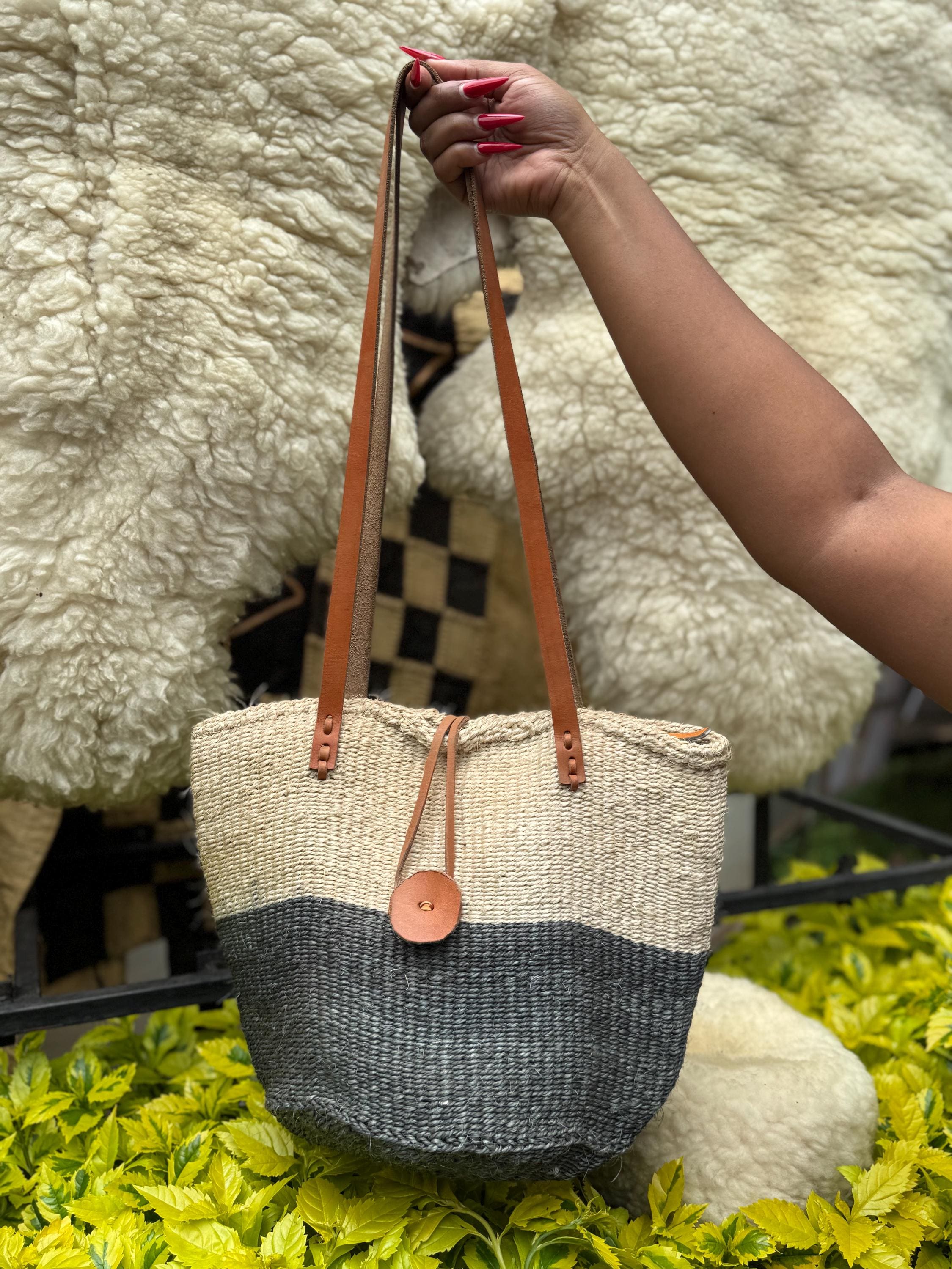 Handwoven African Tote Bag, Leather Handle Boho Market Shoulder Bag