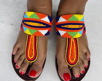 Maasai Beaded Leather Gladiator Sandals – Handmade Tribal Summer Footwear