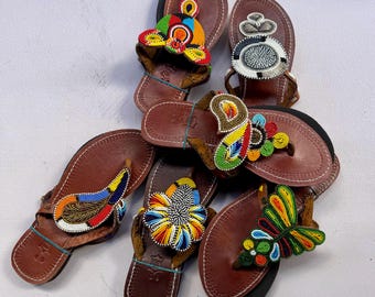 Handmade Beaded Leather Maasai Sandals, Tribal Boho Summer Footwear