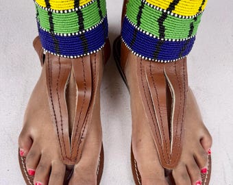 Maasai Beaded Leather Gladiator Sandals – Handmade Tribal Summer Footwear