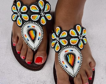 Maasai Beaded Leather Gladiator Sandals – Handmade Tribal Summer Footwear
