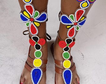 Maasai Beaded Leather Gladiator Sandals – Handmade Tribal Summer Footwear