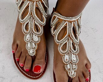 Sandalias de gladiador de cuero con cuentas masái: calzado tribal de verano hecho a mano