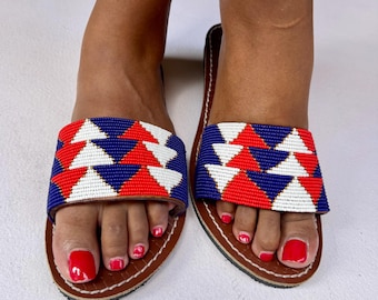 Massai Perlen Leder Gladiator Sandalen - Handgefertigte Tribal Sommer Schuhe