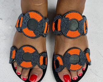 Sandali gladiatore in pelle con perline Masai – Calzature estive tribali fatte a mano