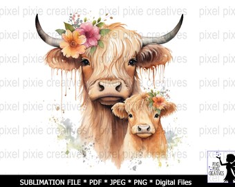 Highland cow png, watercolor clipart, highland cow baby, baby shower decor, baby animals, highland cow svg, clip art bundle, cow png clipart