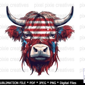 Highland cow png, watercolor clipart, highland cow flag, political highland cow, highland cow svg, clip art bundle, patriotic highland cow .